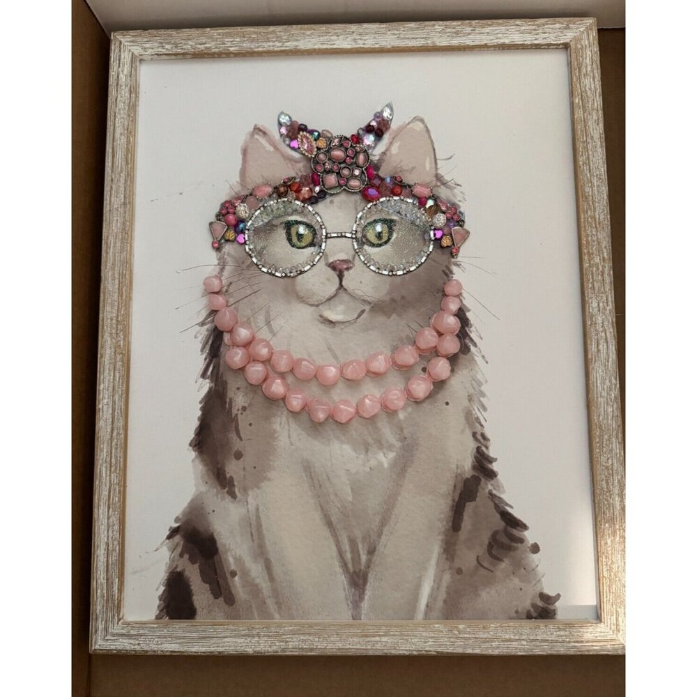 Framed Jewelry Art Cat With Pink Pearls &Embellished Glasses By Betty 13" X 16" - Picture 2 of 5